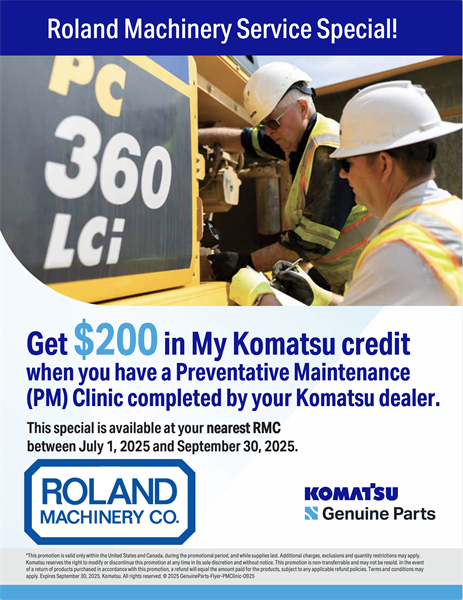 Get $200 in My Komatsu credit when you have a Preventative Maintenance (PM) Clinic completed by your Komatsu dealer.